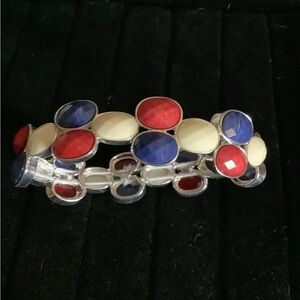 Silver Tone Red White Blue Oval Stone Stretch Bracelet